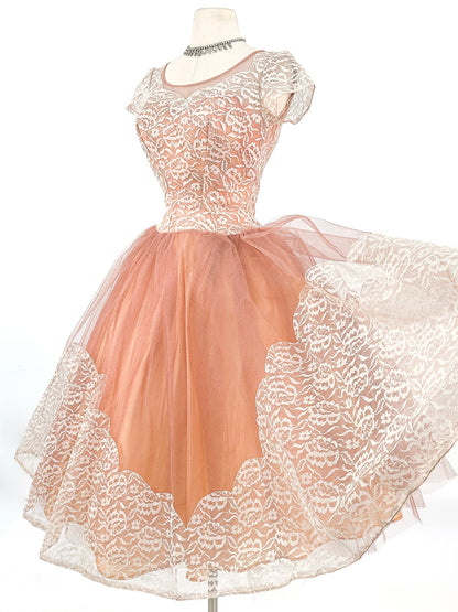 1950s Mocha Tulle and Lace Party Dress/ Waist 26