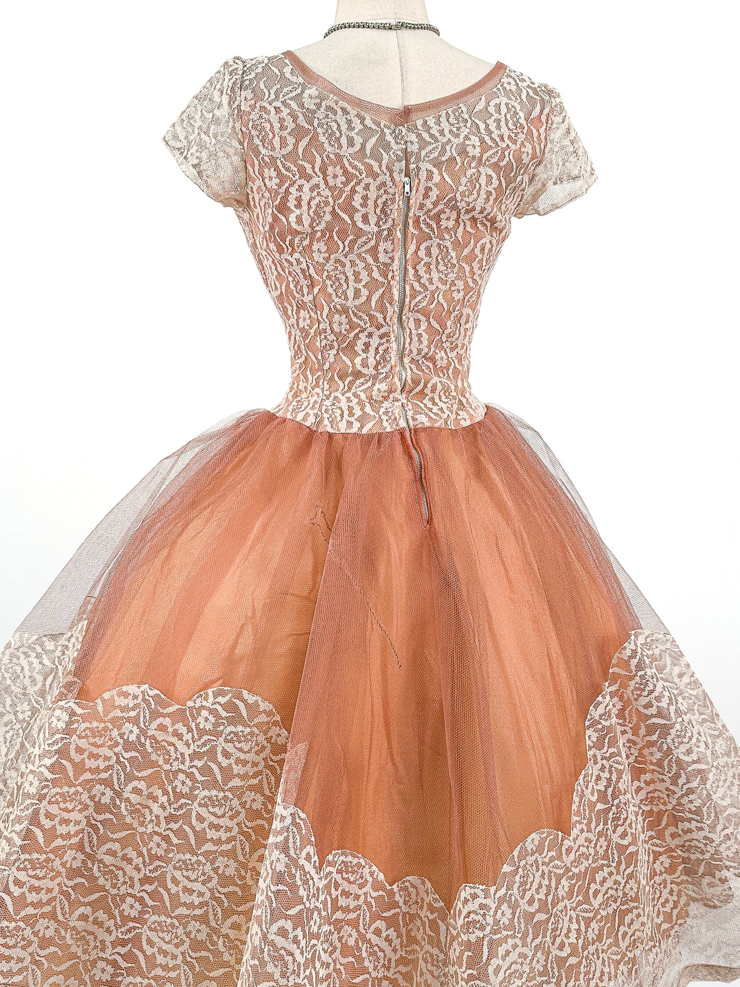 1950s Mocha Tulle and Lace Party Dress/ Waist 26