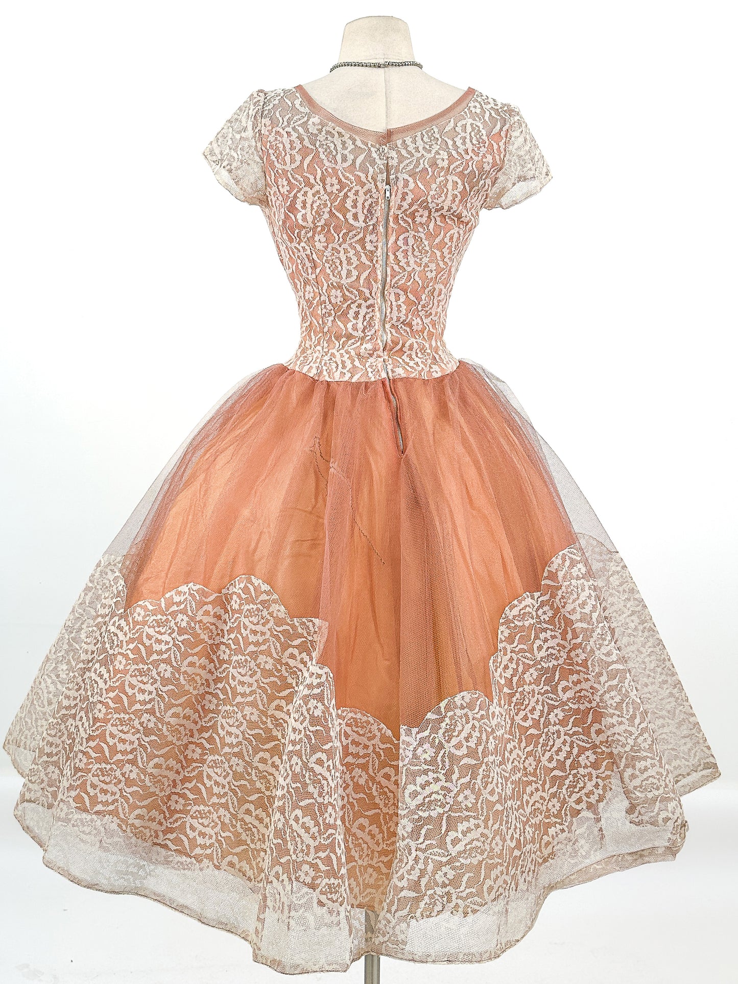 1950s Mocha Tulle and Lace Party Dress/ Waist 26