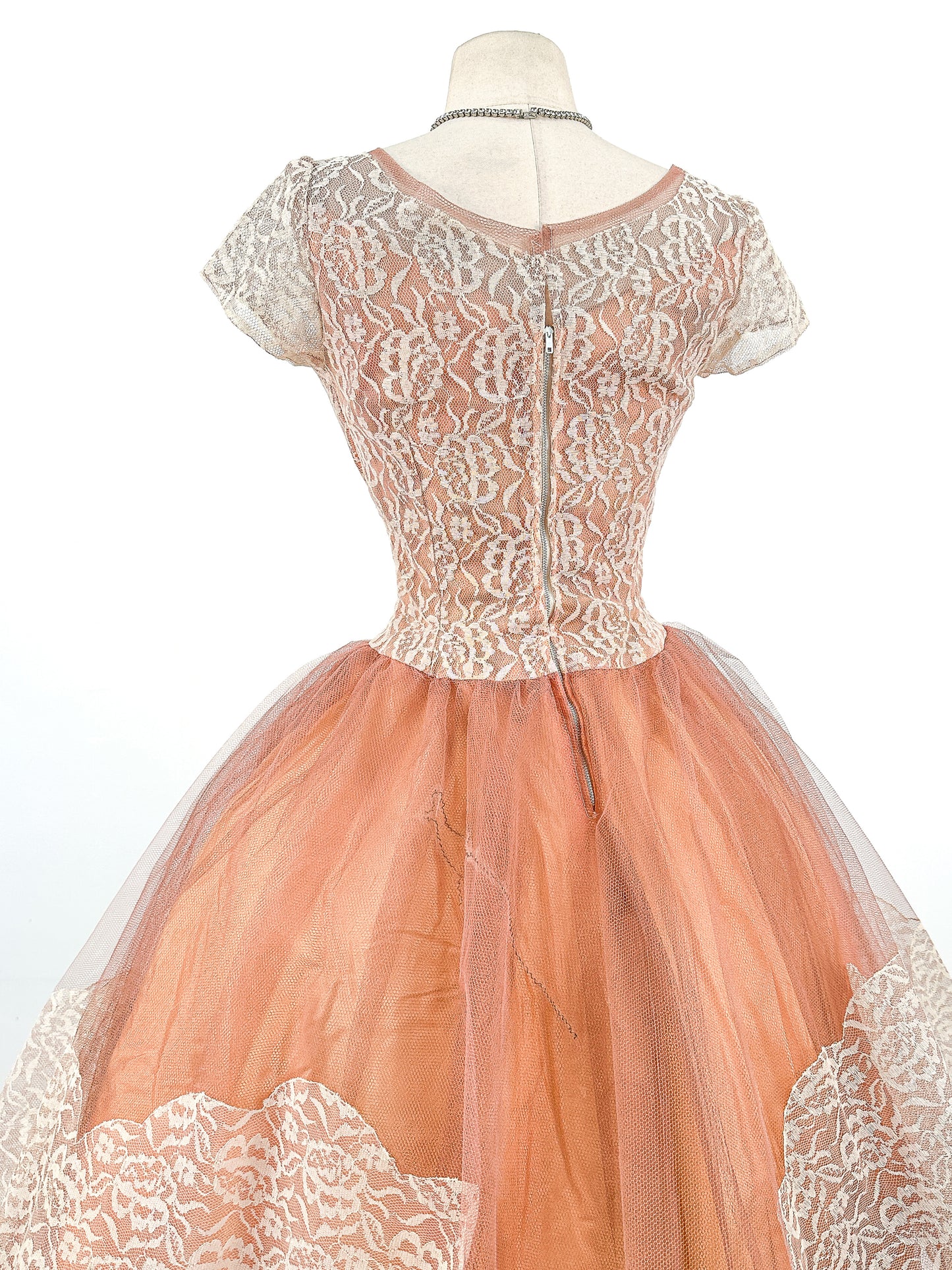 1950s Mocha Tulle and Lace Party Dress/ Waist 26