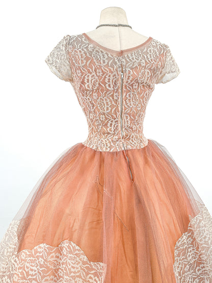 1950s Mocha Tulle and Lace Party Dress/ Waist 26