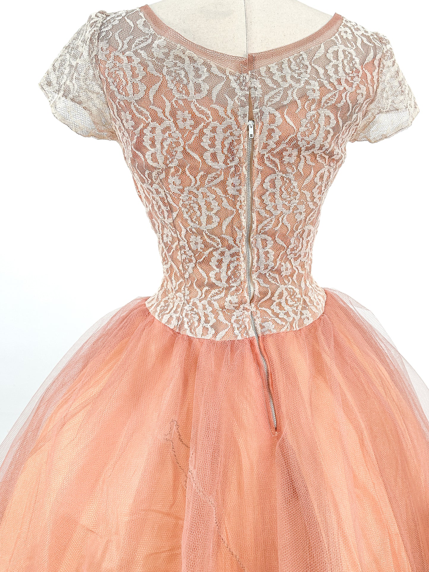 1950s Mocha Tulle and Lace Party Dress/ Waist 26