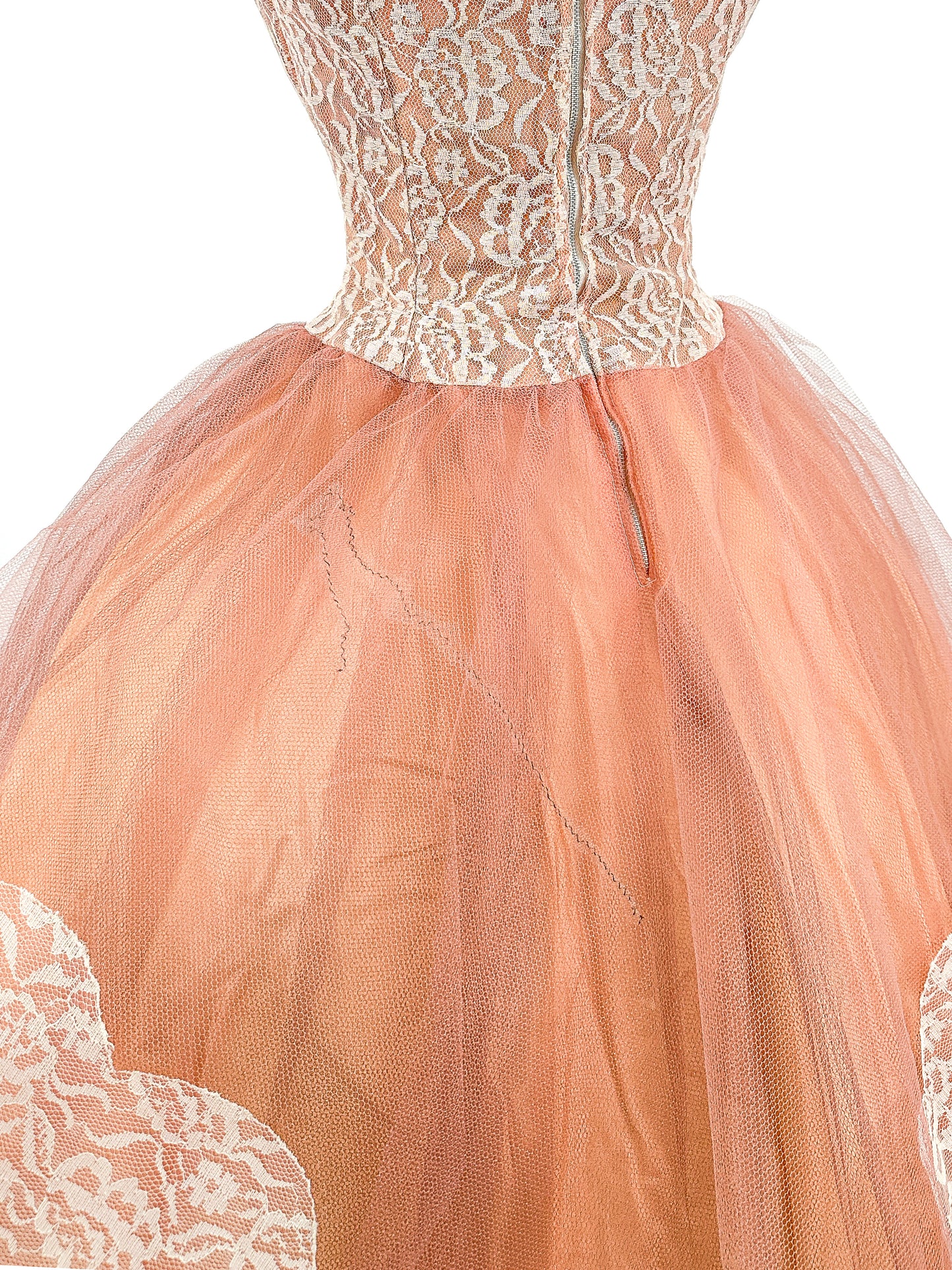 1950s Mocha Tulle and Lace Party Dress/ Waist 26