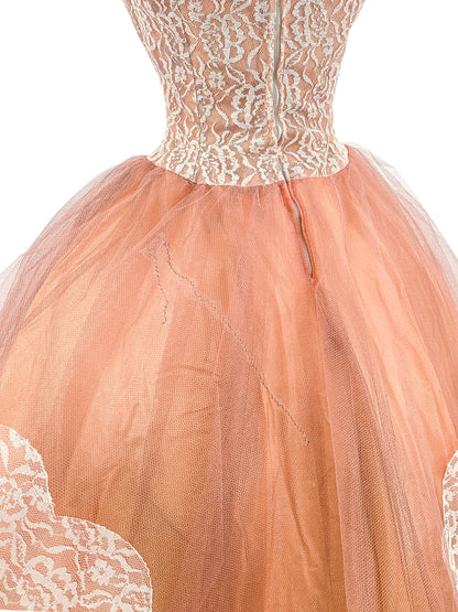 1950s Mocha Tulle and Lace Party Dress/ Waist 26