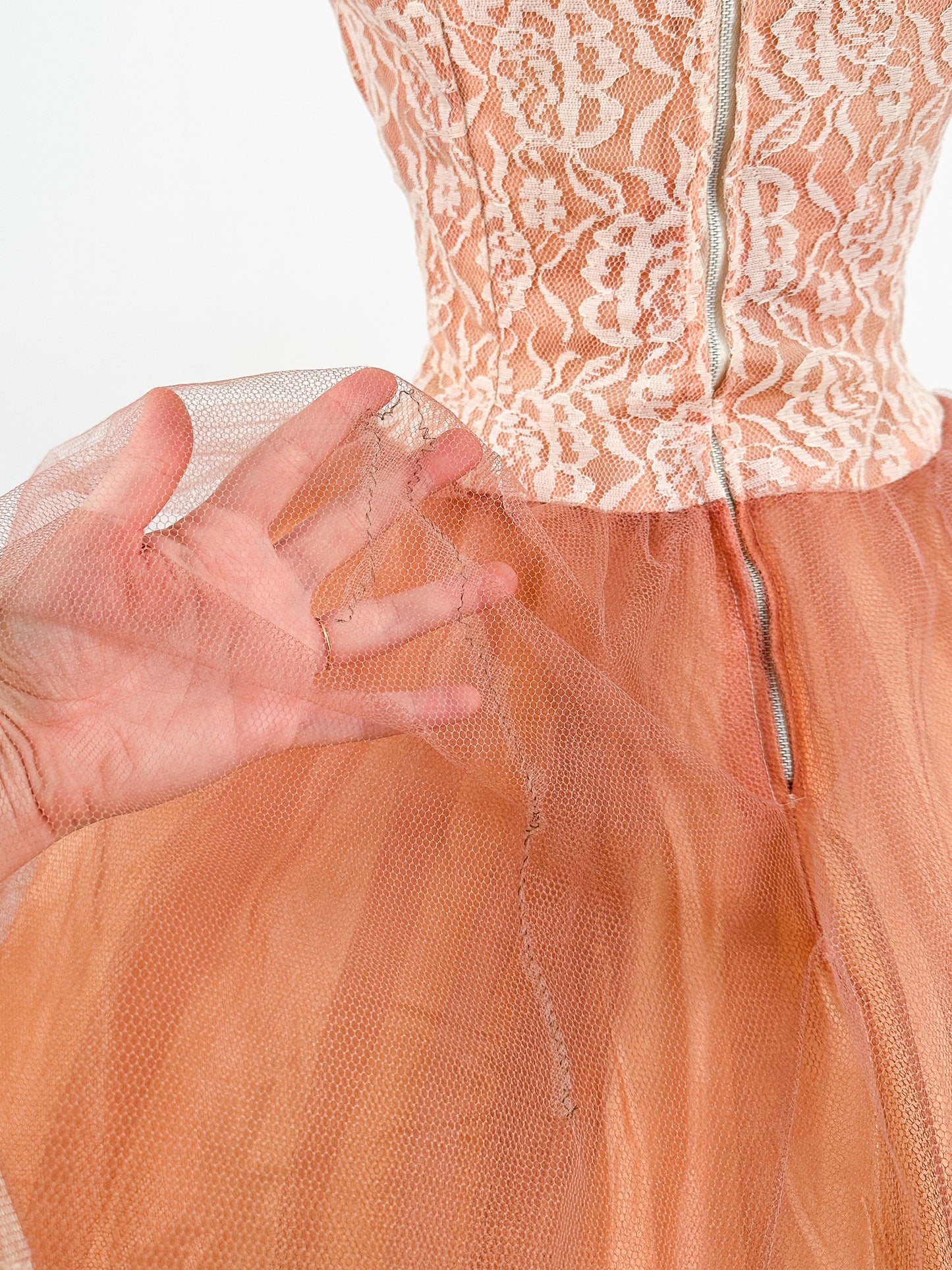 1950s Mocha Tulle and Lace Party Dress/ Waist 26