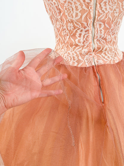 1950s Mocha Tulle and Lace Party Dress/ Waist 26