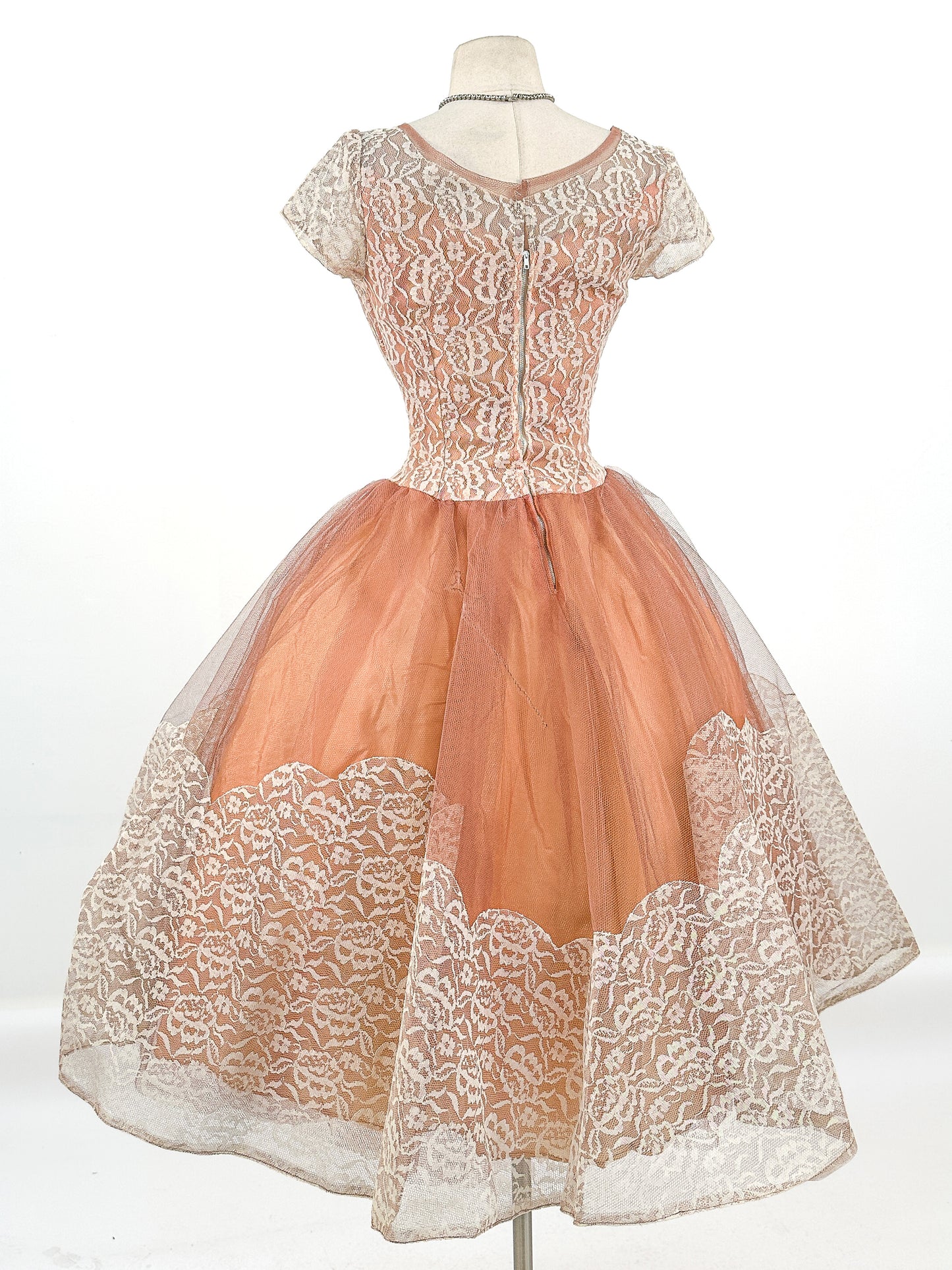 1950s Mocha Tulle and Lace Party Dress/ Waist 26