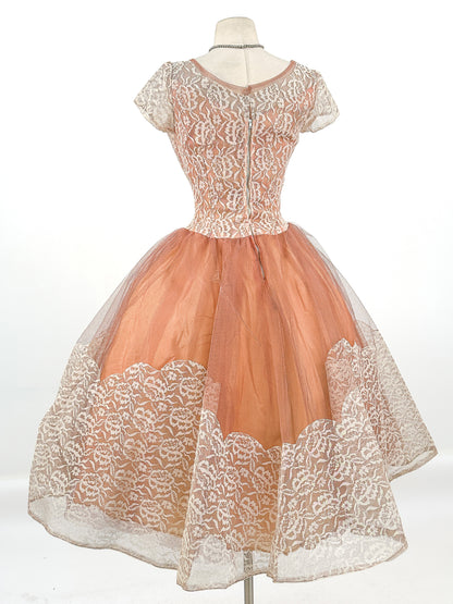 1950s Mocha Tulle and Lace Party Dress/ Waist 26