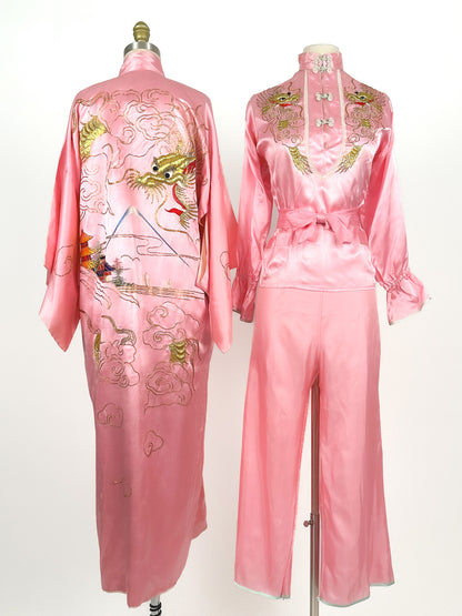 1940-50s Pink Matching Pajama Set with Embroidered Dragons / Waist 36