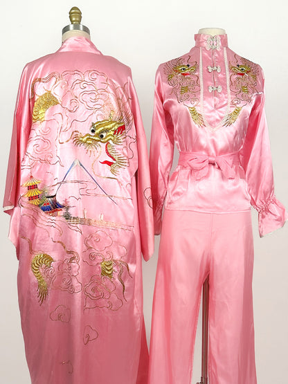 1940-50s Satin Pink Dragon Kimono / One Size