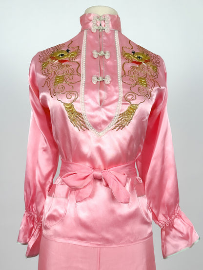 1940-50s Pink Matching Pajama Set with Embroidered Dragons / Waist 36