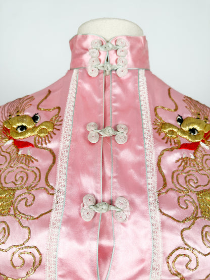 1940-50s Pink Matching Pajama Set with Embroidered Dragons / Waist 36