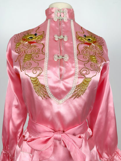 1940-50s Pink Matching Pajama Set with Embroidered Dragons / Waist 36