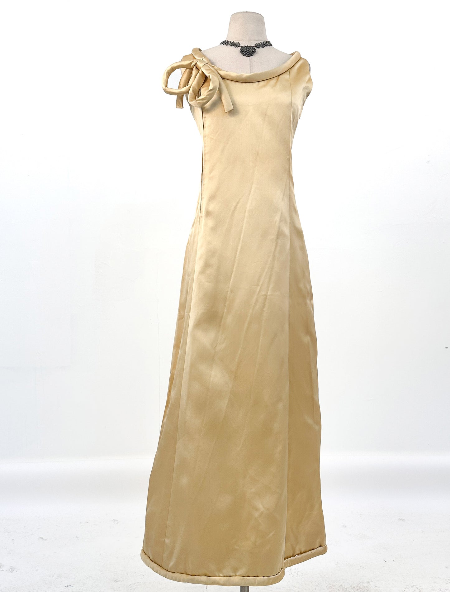 1960s Silk Satin Gold Hostess Dress with Rolled Hem / Fits up to a 34" Waist