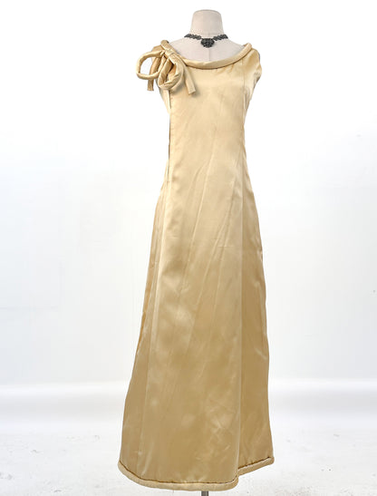 1960s Silk Satin Gold Hostess Dress with Rolled Hem / Fits up to a 34" Waist