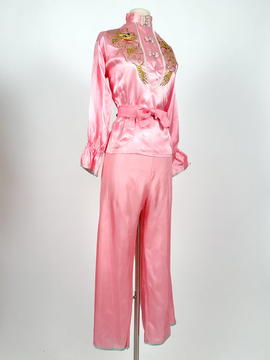 1940-50s Pink Matching Pajama Set with Embroidered Dragons / Waist 36