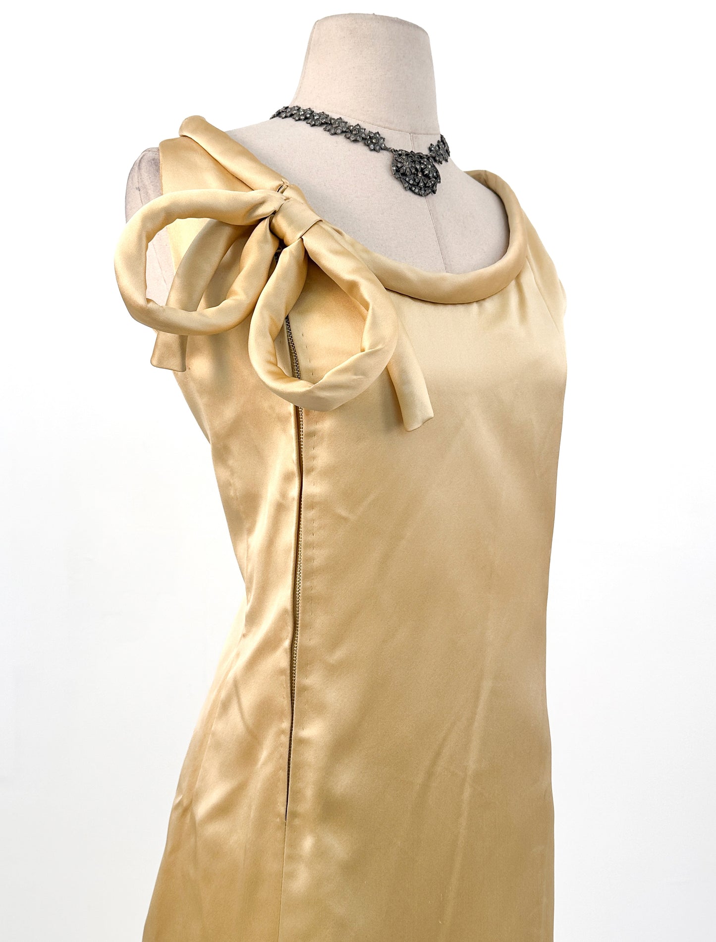 1960s Silk Satin Gold Hostess Dress with Rolled Hem / Fits up to a 34" Waist