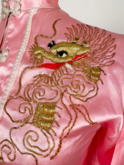 1940-50s Pink Matching Pajama Set with Embroidered Dragons / Waist 36