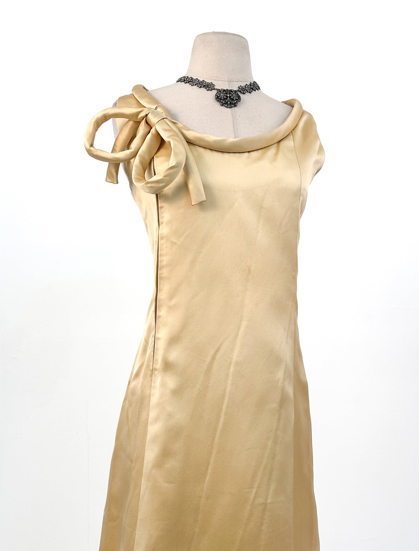 1960s Silk Satin Gold Hostess Dress with Rolled Hem / Fits up to a 34" Waist