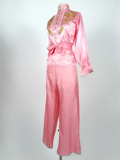 1940-50s Pink Matching Pajama Set with Embroidered Dragons / Waist 36
