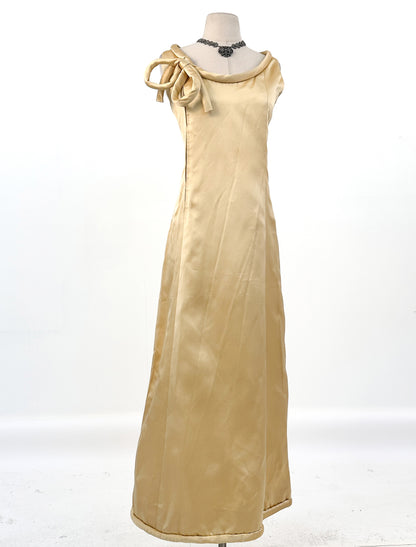 1960s Silk Satin Gold Hostess Dress with Rolled Hem / Fits up to a 34" Waist