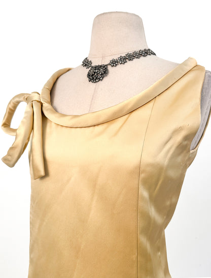 1960s Silk Satin Gold Hostess Dress with Rolled Hem / Fits up to a 34" Waist