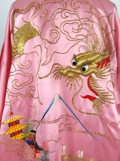 1940-50s Satin Pink Dragon Kimono / One Size