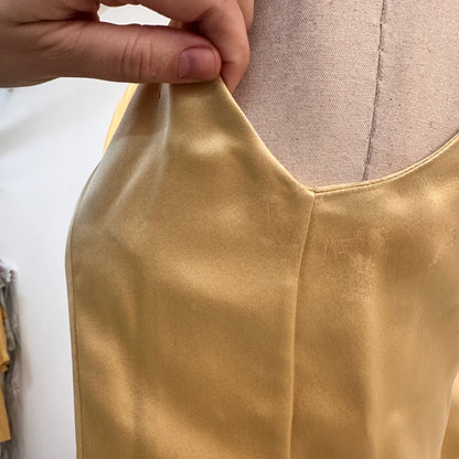 1960s Silk Satin Gold Hostess Dress with Rolled Hem / Fits up to a 34" Waist