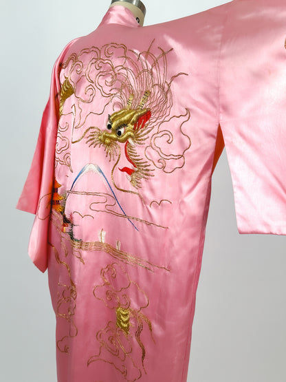 1940-50s Satin Pink Dragon Kimono / One Size