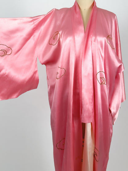 1940-50s Satin Pink Dragon Kimono / One Size