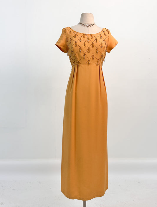 1960s Beaded Orange Empire Waist Dress / Waist 26-28