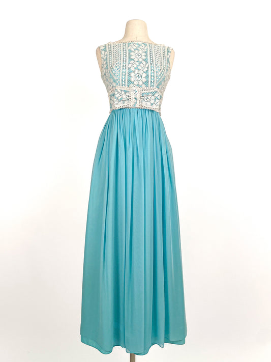 1960s Aqua Chiffon Dress with Lace Bodice / Waist 24