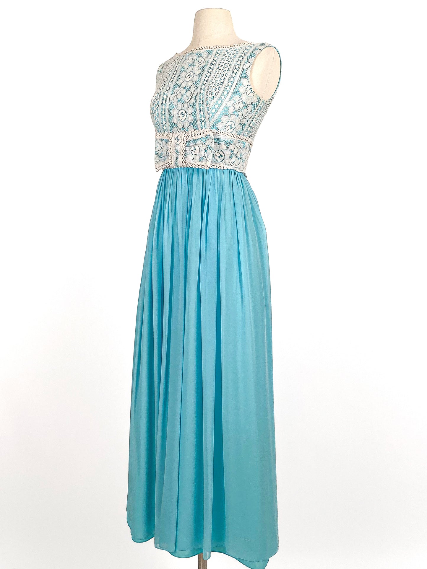 1960s Aqua Chiffon Dress with Lace Bodice / Waist 24