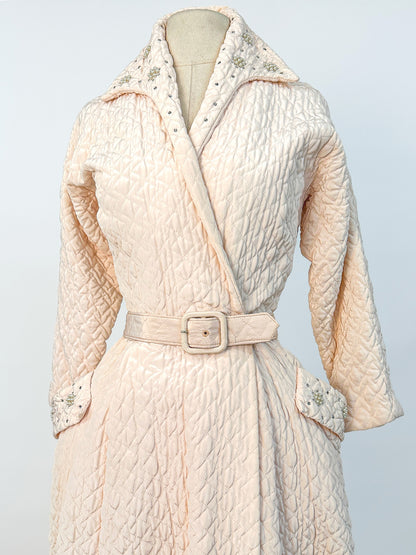 Quintessential 1950s Quilted Pink Robe with Rhinestone and Pearl Accents / Waist 26