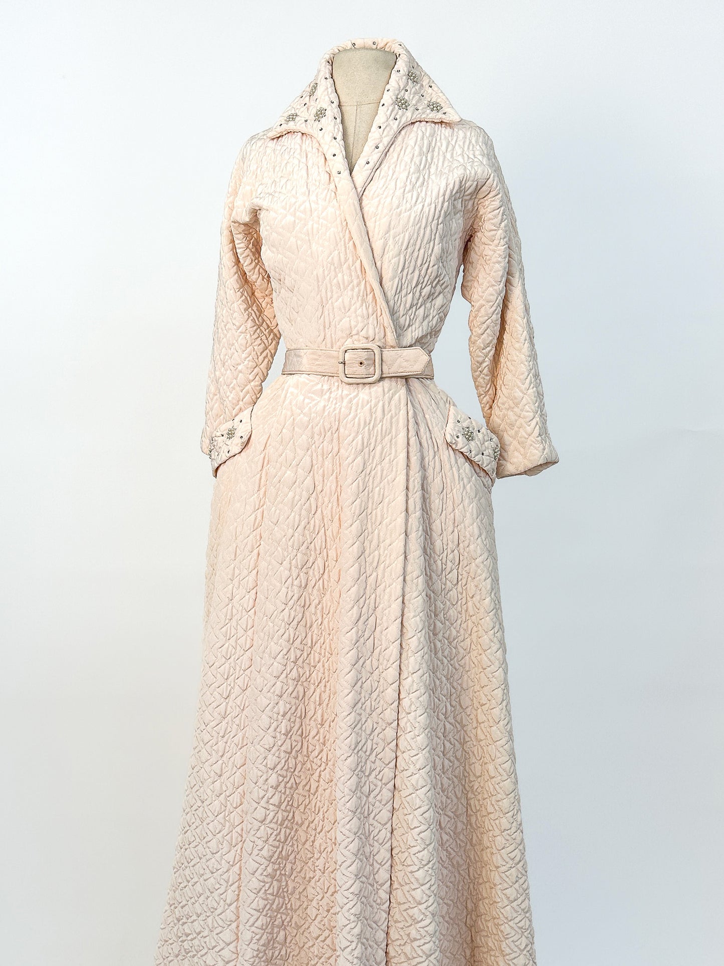 Quintessential 1950s Quilted Pink Robe with Rhinestone and Pearl Accents / Waist 26