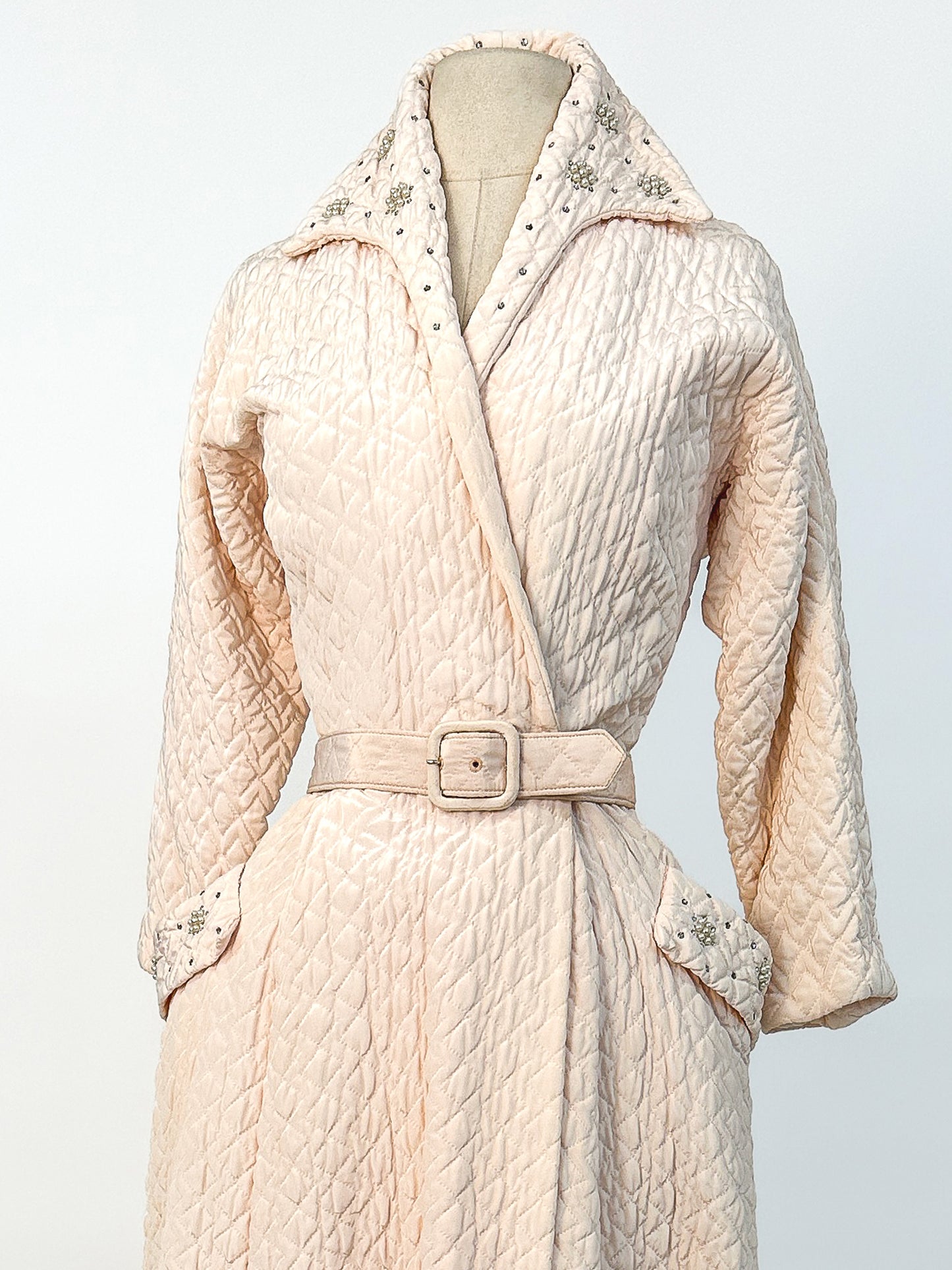 Quintessential 1950s Quilted Pink Robe with Rhinestone and Pearl Accents / Waist 26