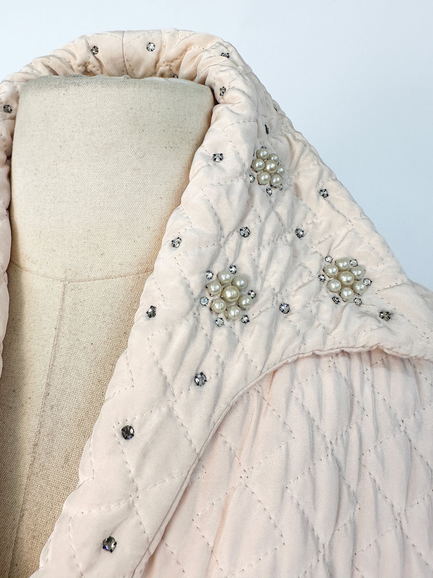 Quintessential 1950s Quilted Pink Robe with Rhinestone and Pearl Accents / Waist 26
