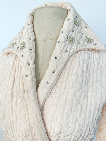 Quintessential 1950s Quilted Pink Robe with Rhinestone and Pearl Accents / Waist 26