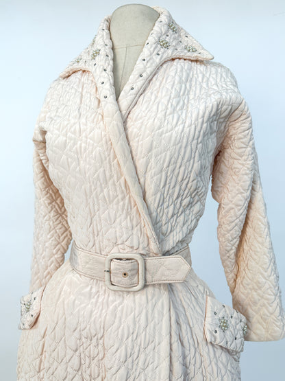 Quintessential 1950s Quilted Pink Robe with Rhinestone and Pearl Accents / Waist 26
