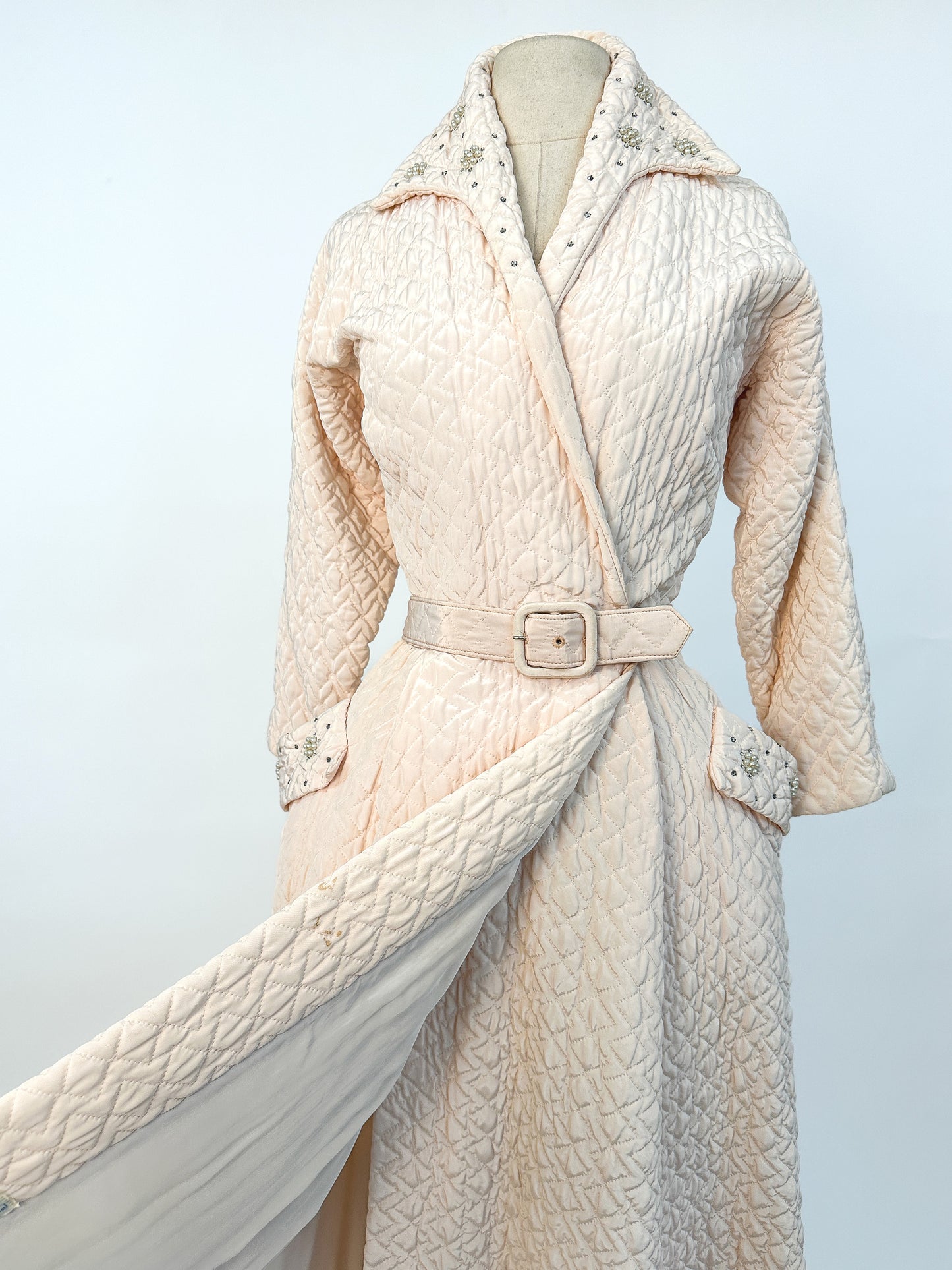 Quintessential 1950s Quilted Pink Robe with Rhinestone and Pearl Accents / Waist 26