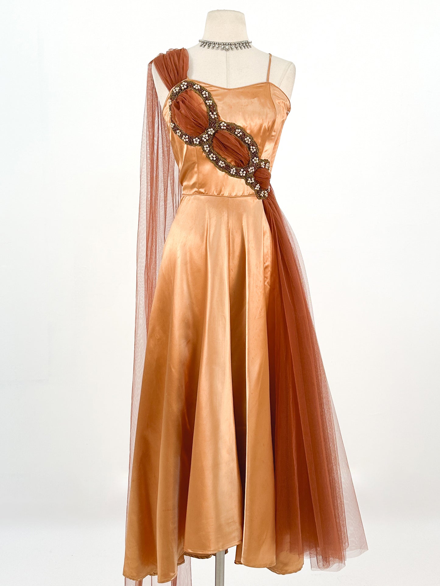 1950s Ultra Glamorous Bronze Liquid Satin Dress with Tulle Sash by Emma Domb / Waist 26