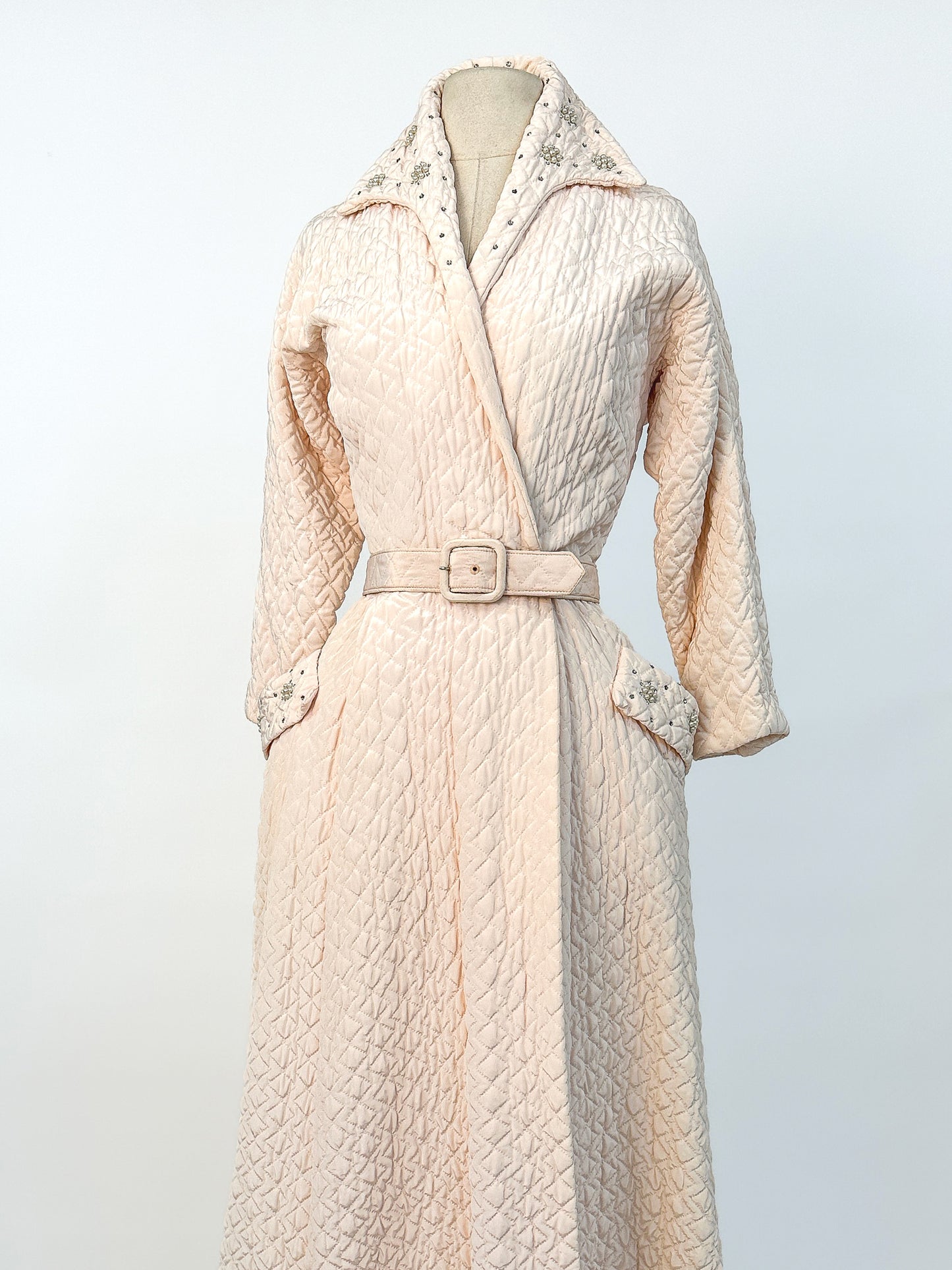 Quintessential 1950s Quilted Pink Robe with Rhinestone and Pearl Accents / Waist 26
