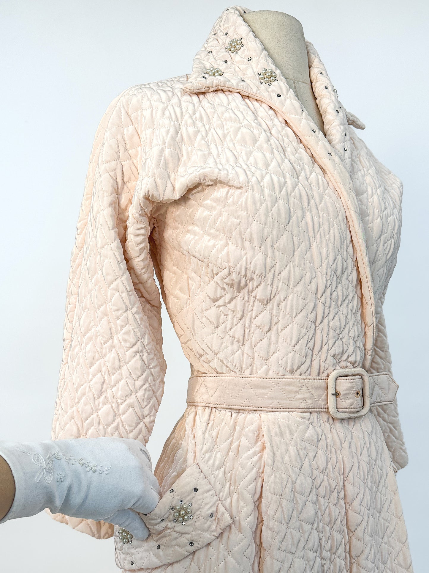 Quintessential 1950s Quilted Pink Robe with Rhinestone and Pearl Accents / Waist 26