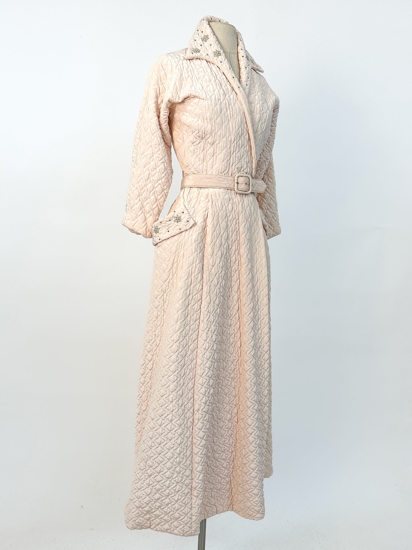 Quintessential 1950s Quilted Pink Robe with Rhinestone and Pearl Accents / Waist 26