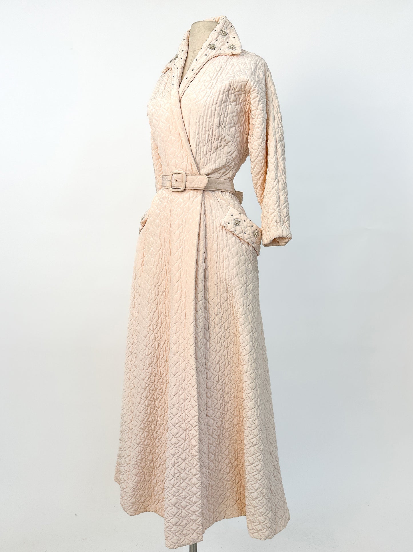 Quintessential 1950s Quilted Pink Robe with Rhinestone and Pearl Accents / Waist 26