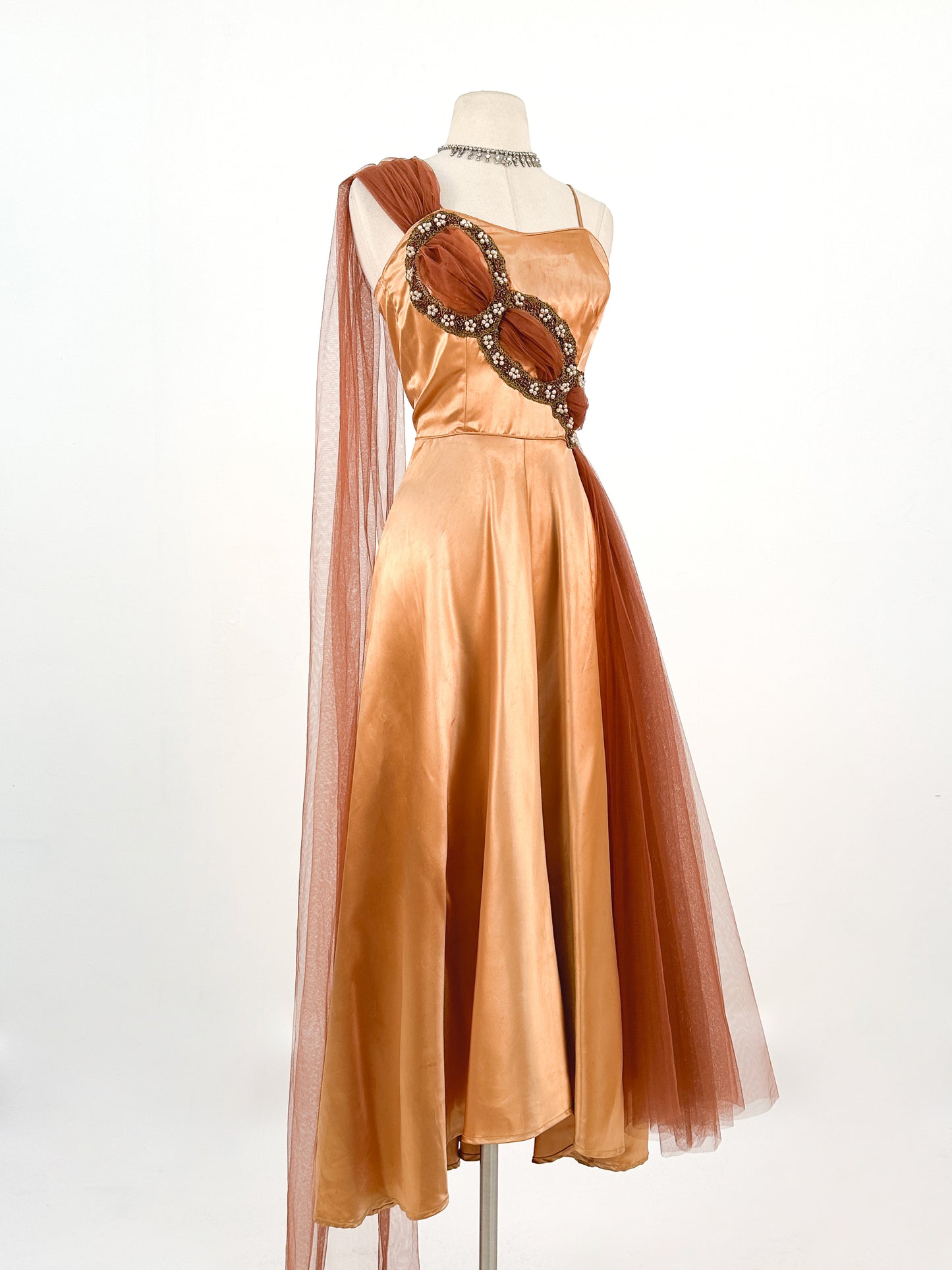 1950s Ultra Glamorous Bronze Liquid Satin Dress with Tulle Sash by Emma Domb / Waist 26