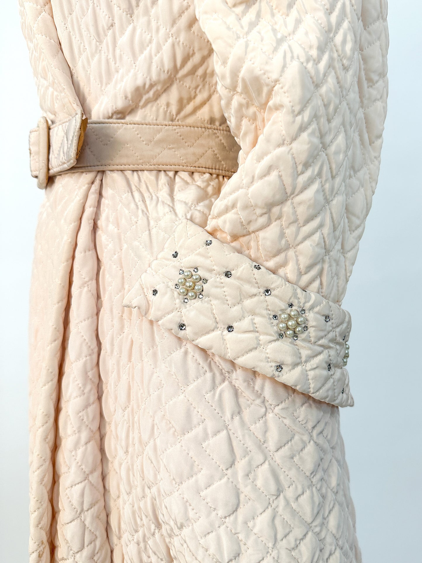 Quintessential 1950s Quilted Pink Robe with Rhinestone and Pearl Accents / Waist 26