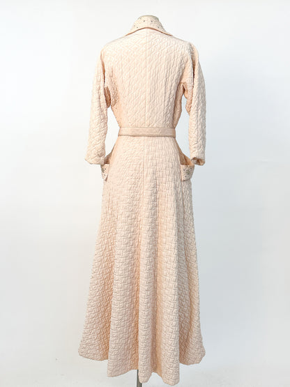 Quintessential 1950s Quilted Pink Robe with Rhinestone and Pearl Accents / Waist 26
