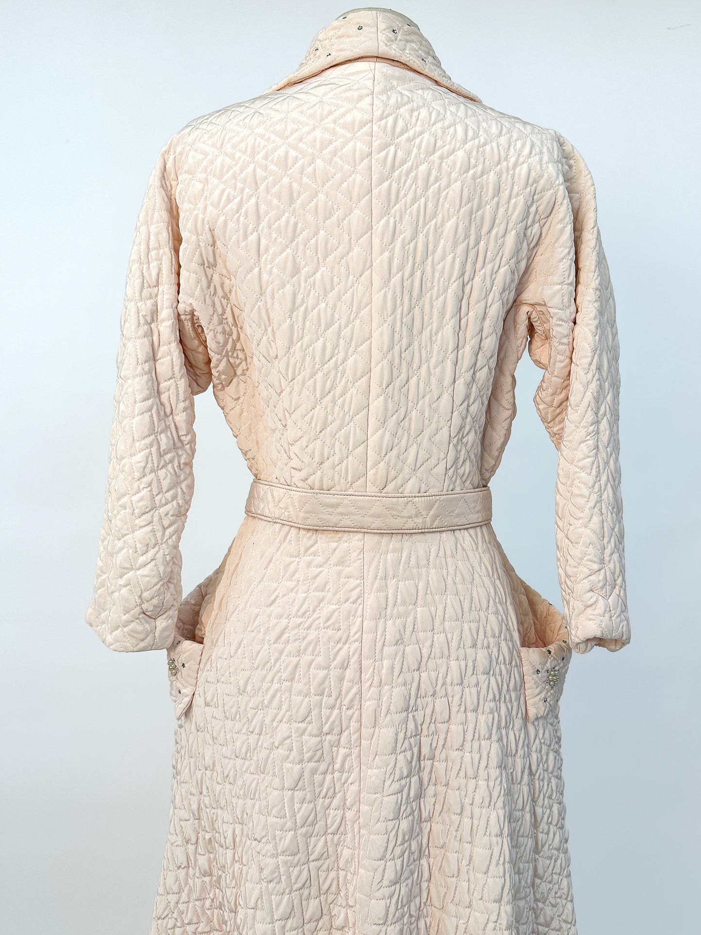 Quintessential 1950s Quilted Pink Robe with Rhinestone and Pearl Accents / Waist 26