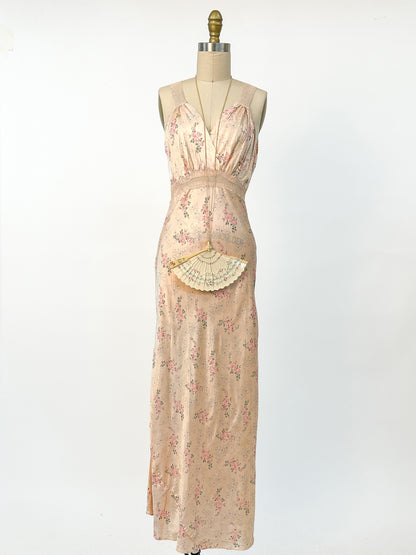1940s Rayon Pretty Peach Slip with Blue Flowers / Waist 26